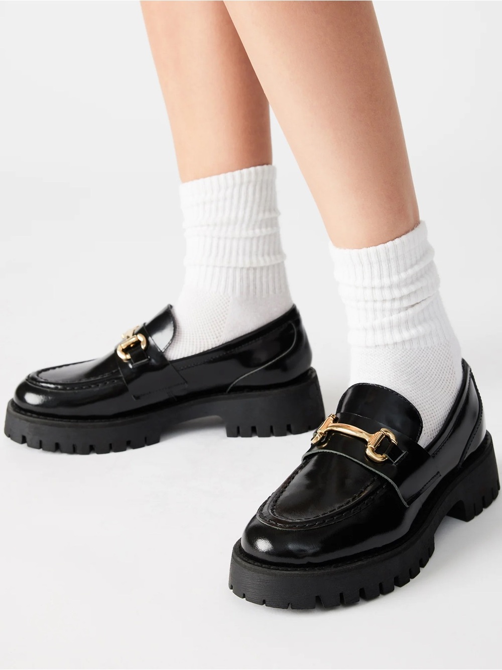 Steve Madden Lando Black Leather Chunky Lug Sole Platform Loafer Gold Hardware